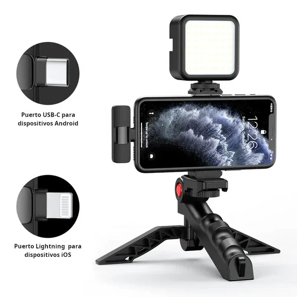 Kit Video Streaming Influence Max ¡Trípode de Celular con Luz y Micrófono!