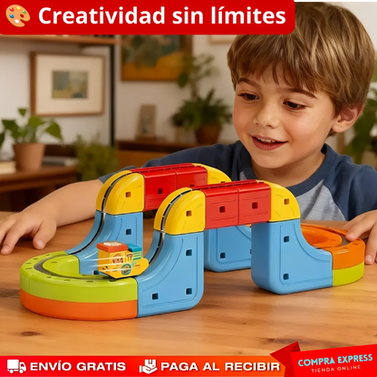 MagnoRail™ - Vía de tren modular 3D magnética 🚆 Con carga USB (16 Piezas)