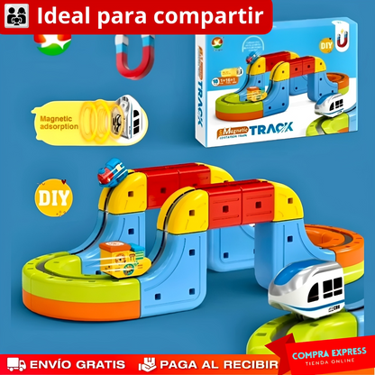 MagnoRail™ - Vía de tren modular 3D magnética 🚆 Con carga USB (16 Piezas)