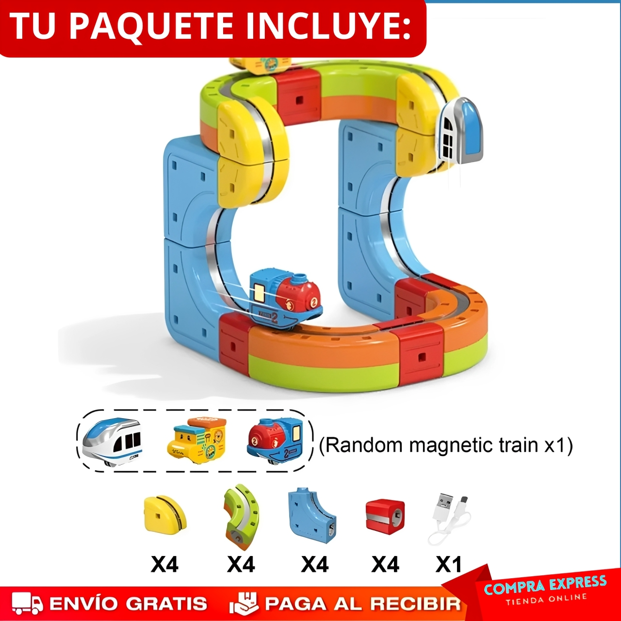 MagnoRail™ - Vía de tren modular 3D magnética 🚆 Con carga USB (16 Piezas)