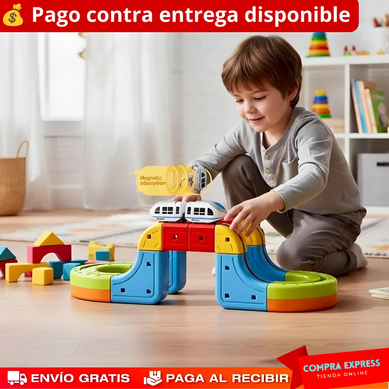 MagnoRail™ - Vía de tren modular 3D magnética 🚆 Con carga USB (16 Piezas)