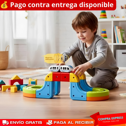 MagnoRail™ - Vía de tren modular 3D magnética 🚆 Con carga USB (16 Piezas)