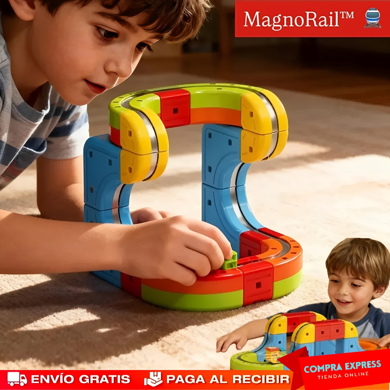 MagnoRail™ - Vía de tren modular 3D magnética 🚆 Con carga USB (16 Piezas)