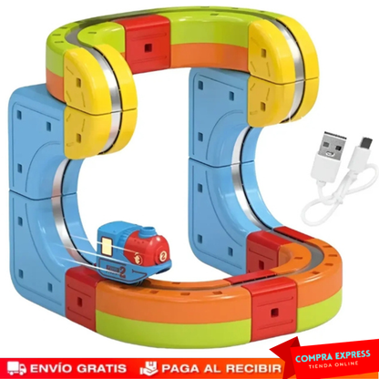 MagnoRail™ - Vía de tren modular 3D magnética 🚆 Con carga USB (16 Piezas)